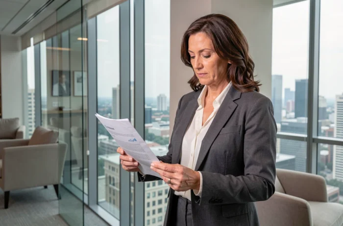 Femme cadre financière examinant des rapports d'investissement dans un bureau avec vue sur la ville