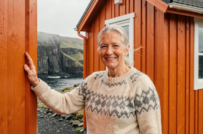Femme islandaise souriante en pull lopapeysa devant sa maison en tôle orange dans un village côtier des Westfjords d'Islande