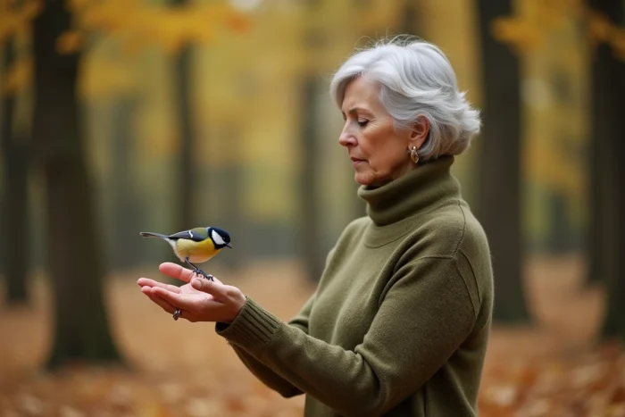 Femme tenant une mésange charbonnière dans sa main en forêt automnale, évoquant un lien spirituel avec la nature et les oiseaux
