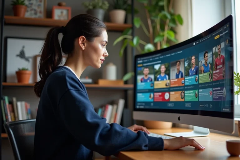 Femme naviguant sur le plan du site Légendes du Sport depuis un bureau à domicile moderne