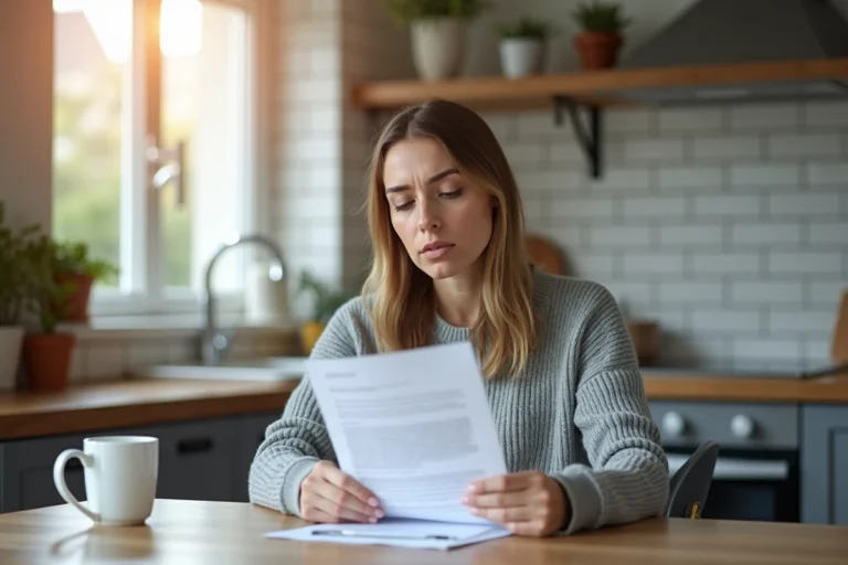Femme lisant une notice médicale sur l'Acthéane à la table de sa cuisine, air préoccupé
