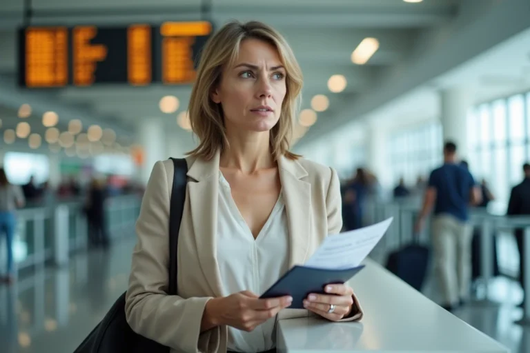 Femme tenant son passeport et sa carte d'embarquement au comptoir d'enregistrement d'un aéroport international
