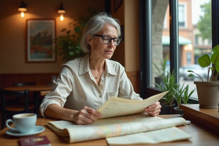Femme planifiant un voyage serein dans un café avec journal de voyage et cartes papier