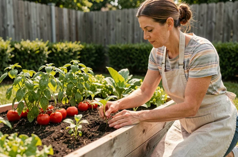 Femme jardinant dans un potager bio surélevé en bois, transplantant des plants de légumes dans une terre riche et sombre