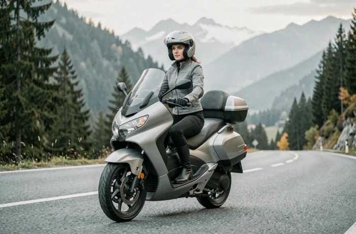 Femme en veste de moto grise sur un scooter 400 cm3 sur une route de montagne alpine