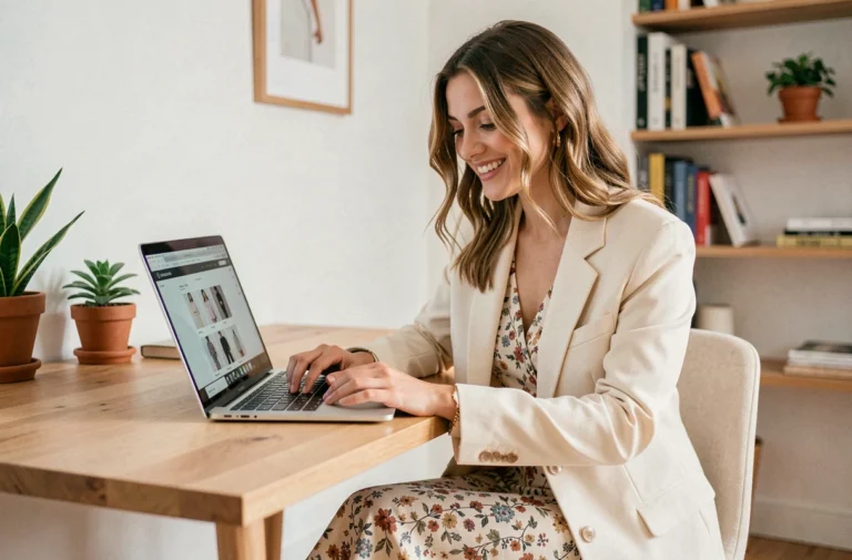 Femme élégante en blazer crème et jupe fleurie faisant du shopping de mode en ligne sur un ordinateur portable