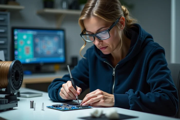 Femme adulte en train de souder un circuit électronique sur un établi de bricolage électronique équipé