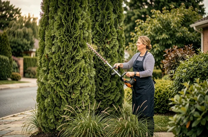 Femme taillant un grand thuya colonnaire avec une taille-haie électrique dans un jardin résidentiel