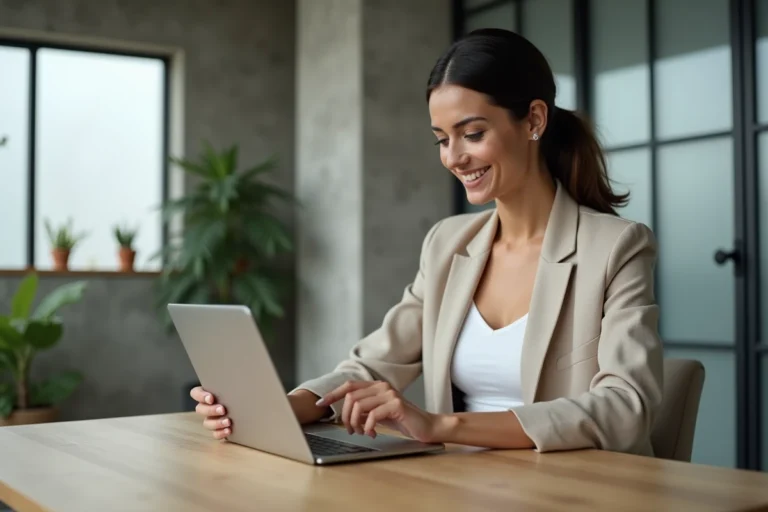 Femme trendy consultant en tendances travaillant sur une tablette dans un bureau moderne minimaliste