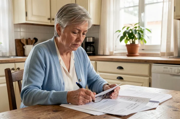 Femme vérifiant ses droits et montants de paiement CRAMIF sur des documents administratifs à la maison