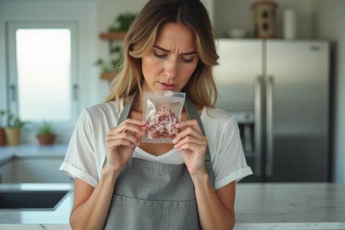 Femme examinant un paquet de lardons ouvert dans une cuisine moderne pour vérifier leur fraîcheur avant consommation