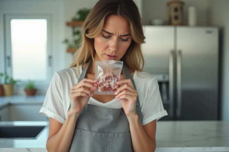 Femme examinant un paquet de lardons ouvert dans une cuisine moderne pour vérifier leur fraîcheur avant consommation