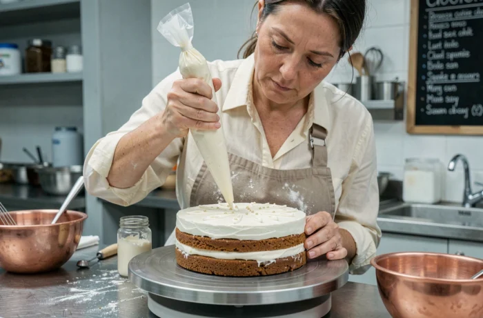 Pâtissière finaliste en train de décorer un entremet avec une poche à douille dans une cuisine professionnelle