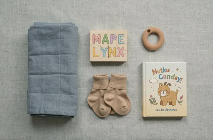 Flat lay d'accessoires essentiels pour chambre de bébé incluant un lange en mousseline, puzzle en bois, chaussettes en bambou et anneau de dentition