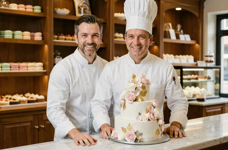 Pâtissier gagnant debout derrière un gâteau de célébration décoré dans une pâtisserie française professionnelle