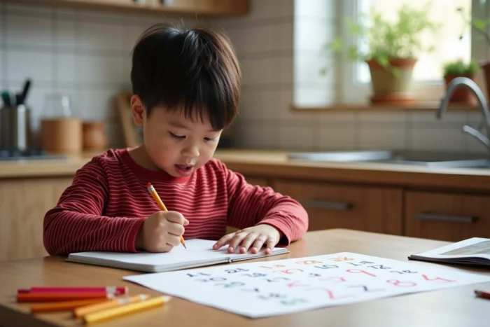 Garçon écrivant l'alphabet avec numéros de 1 à 26 sur des fiches éducatives faites maison dans une cuisine
