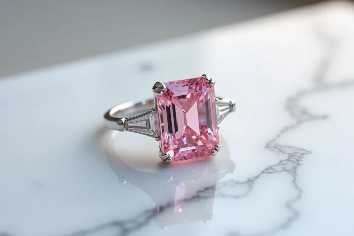 Graff Pink, bague avec diamant rose fancy taille émeraude et deux baguettes blanches en platine sur marbre blanc
