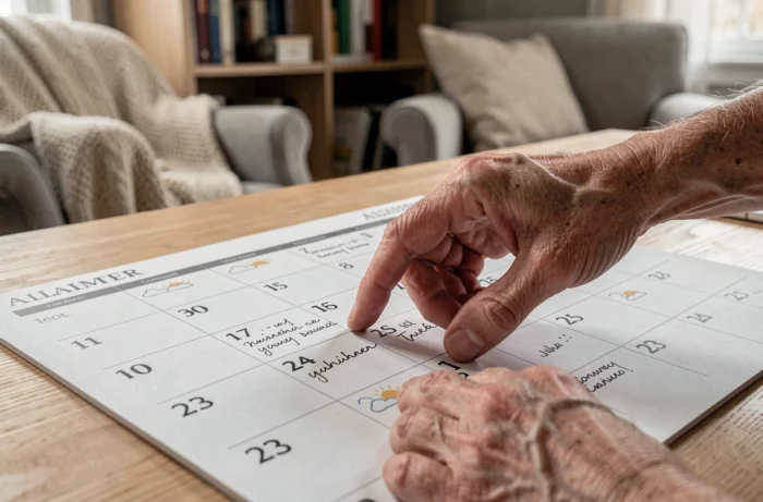 Gros plan sur les mains d'un senior feuilletant un calendrier Alzheimer imprimé avec des notes manuscrites