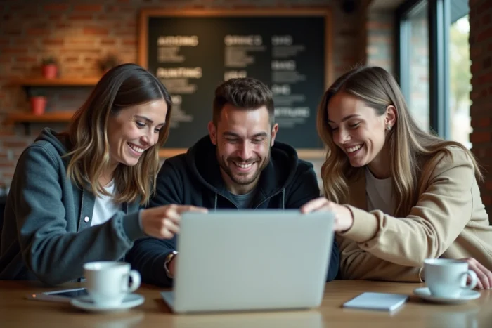Groupe d'amis explorant ensemble le plan du site Légendes du Sport autour d'un ordinateur portable dans un café
