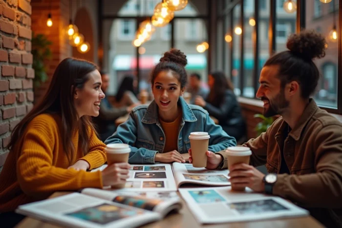 Groupe de jeunes professionnels discutant des tendances actuelles autour d'un café en ville