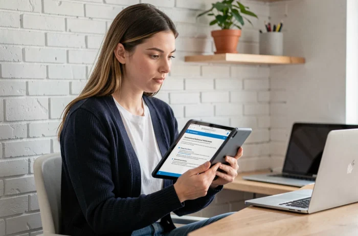 Jeune femme consultant un guide de dépannage webmail AC Nantes sur une tablette depuis son bureau à domicile