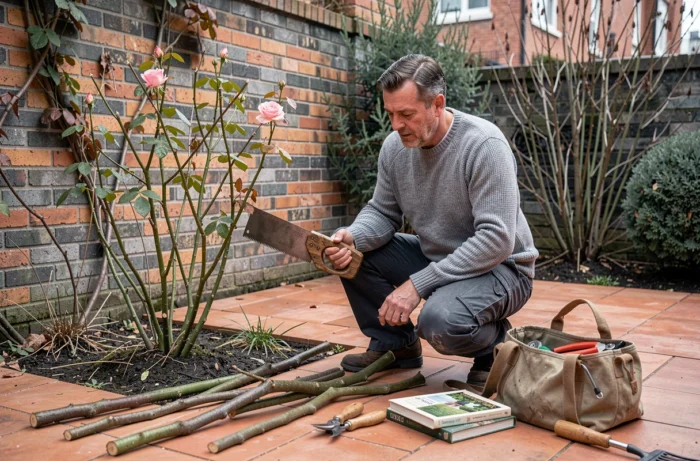 Homme évaluant la hauteur de taille d'un rosier dormant dans un jardin urbain en fin d'hiver, outils de jardinage au sol