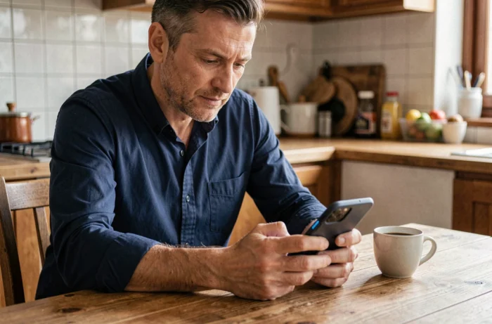 Homme consultant son smartphone à la cuisine pour effectuer un appel en PCV