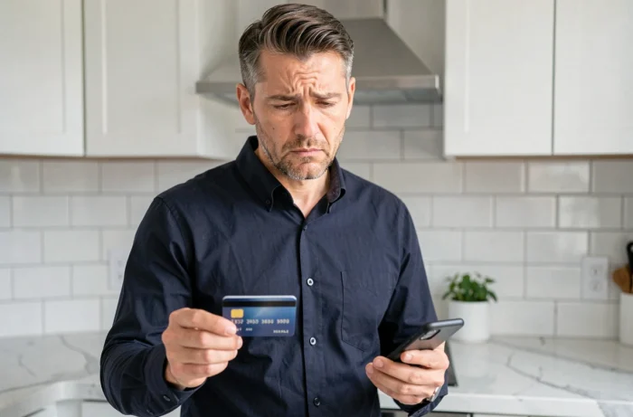 Homme hésitant tenant une carte bancaire et un smartphone avant un achat en ligne risqué