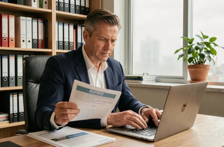 Homme en blazer marine saisissant un code promo sur ordinateur portable pour un achat immobilier aux enchères