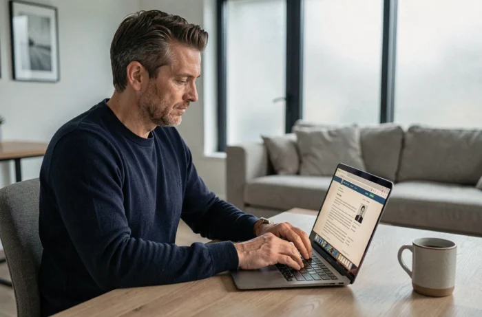 Homme consultant un site d'avis de décès en ligne sur son ordinateur portable, illustrant l'utilisation du service Libra Memoria