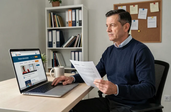 Homme consultant en ligne ses versements et droits CRAMIF sur un ordinateur portable dans un bureau à domicile