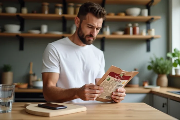 Homme lisant attentivement les informations sur l'emballage de lardons pour vérifier la date de péremption