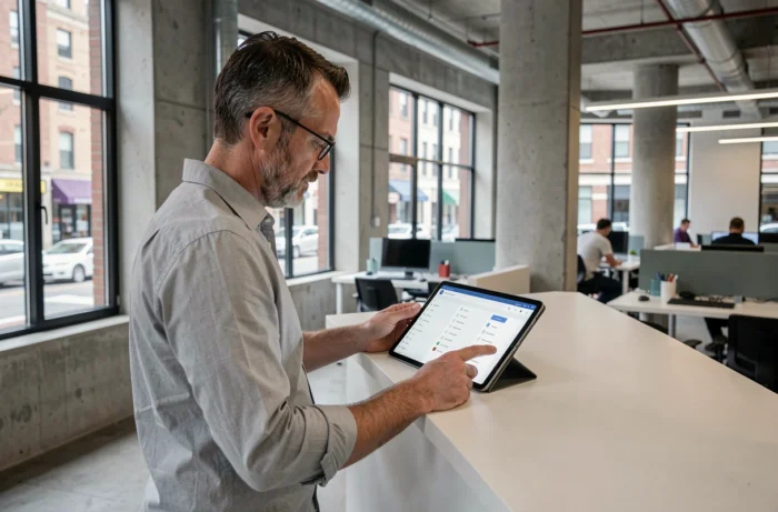 Homme parcourant une page de ressources et liens utiles sur une tablette dans un espace de coworking moderne