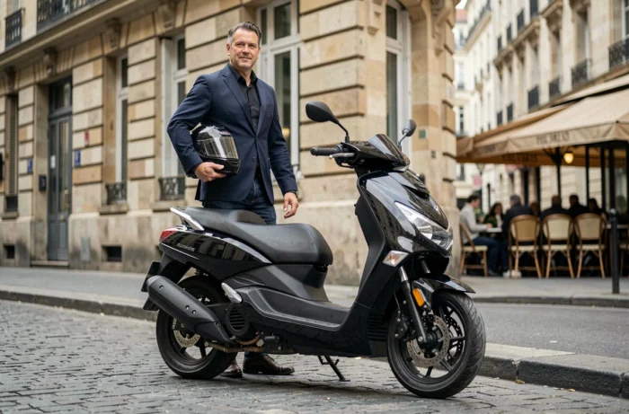Homme en veste marine posé à côté d'un scooter 400 cm3 moderne dans une rue parisienne pavée
