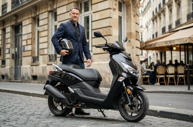 Homme en veste marine posé à côté d'un scooter 400 cm3 moderne dans une rue parisienne pavée