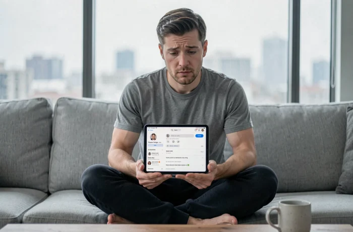 Homme pensif consultant la définition de waslerdoskuwa sur une tablette numérique dans un salon contemporain