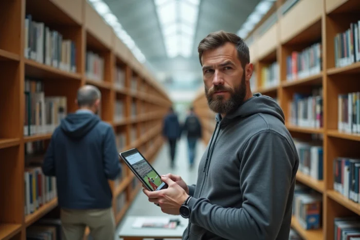Homme consultant le plan du site Légendes du Sport sur une tablette dans une bibliothèque publique