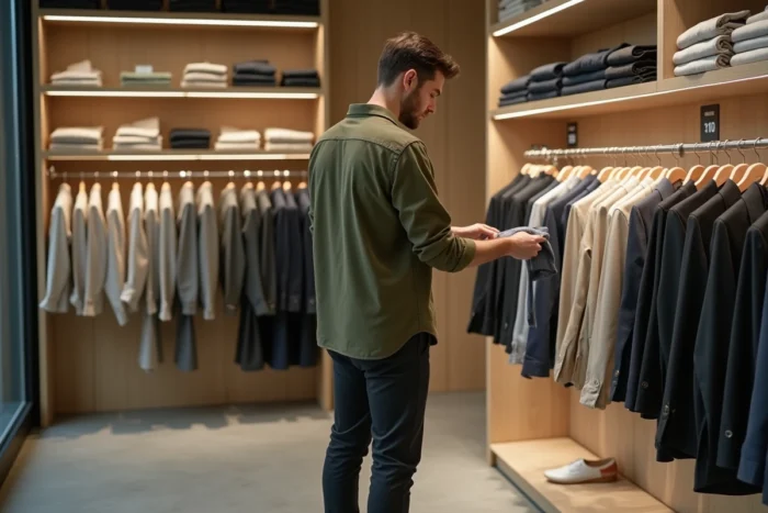 Homme explorant les nouvelles tendances mode durable dans un concept store contemporain
