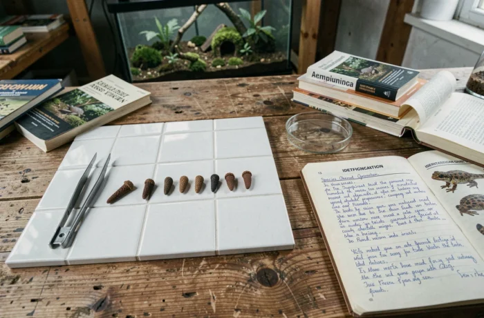 Table de laboratoire naturaliste présentant des crottes de salamandre sur une tuile blanche avec du matériel d'identification scientifique et un carnet de terrain
