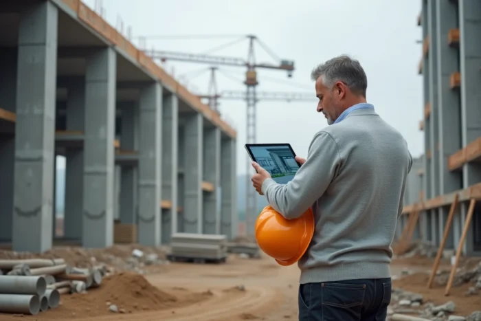 Investisseur immobilier sur un chantier de construction résidentiel examinant les plans du projet sur tablette
