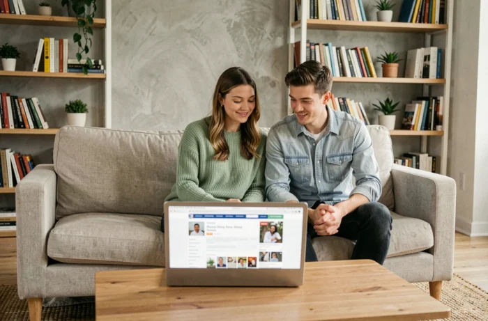 Jeune couple consultant les dernières actualités familiales sur un ordinateur portable dans un salon moderne