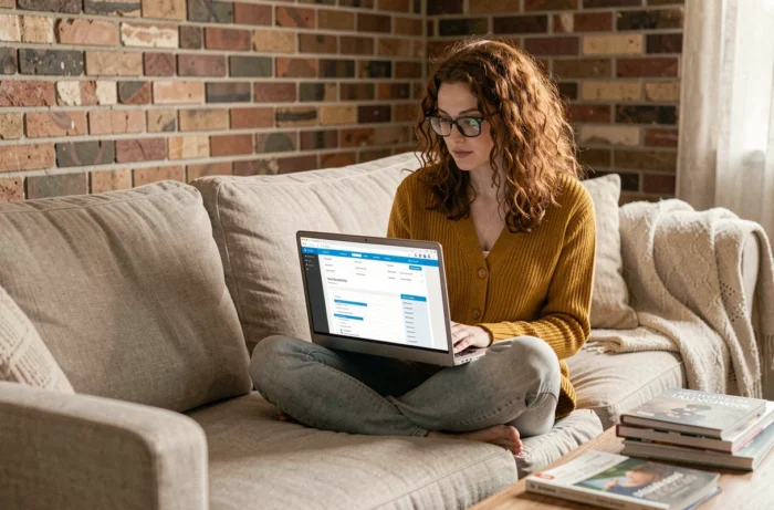 Jeune femme consultant une liste complète de pages et ressources utiles sur un site depuis son canapé