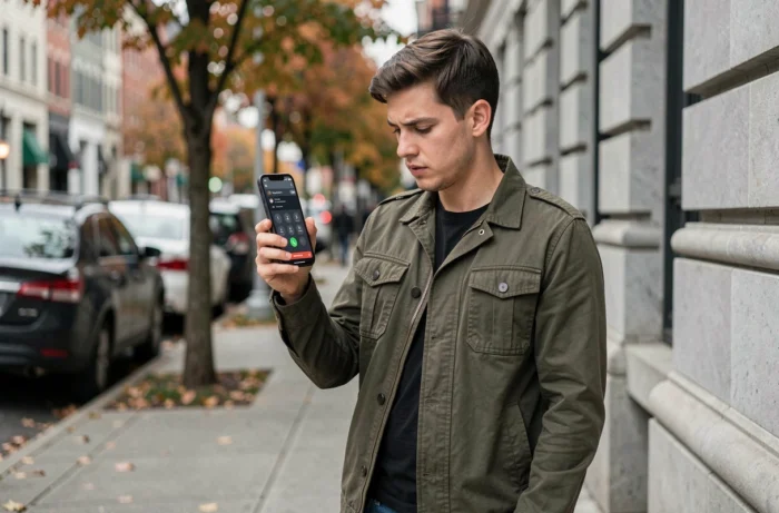 Jeune homme dans la rue regardant son téléphone pour passer un appel en PCV depuis un portable
