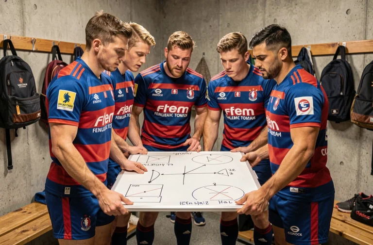 Joueurs de rugby français en maillot rayé bleu et rouge réunis autour d'un tableau tactique dans un vestiaire de club