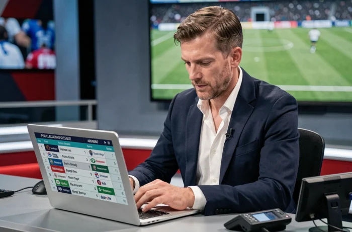 Journaliste sportif consultant un classement de championnat de rugby français sur un ordinateur portable dans un studio de télévision