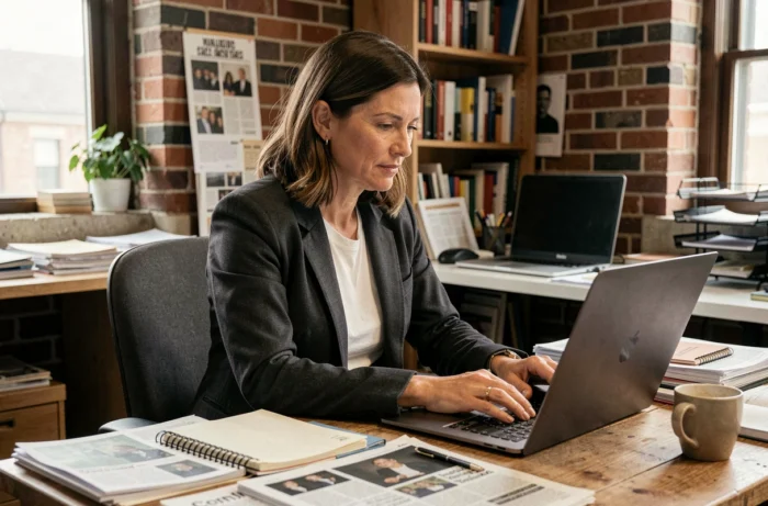 Journaliste indépendante travaillant dans une petite rédaction avec des documents imprimés et un ordinateur portable sur un bureau en bois