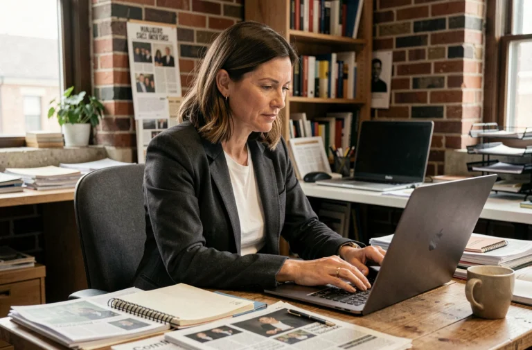 Journaliste indépendante travaillant dans une petite rédaction avec des documents imprimés et un ordinateur portable sur un bureau en bois