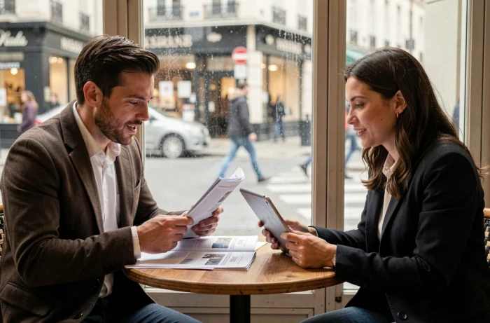 Deux journalistes indépendants discutant de documents de presse autour d'une table de café à Paris, illustrant la collaboration dans les médias indépendants