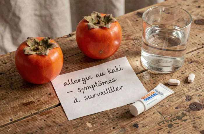 Vue de dessus d'un arrangement de kakis mûrs, d'une note sur les symptômes d'allergie et d'un antihistaminique sur une table en bois
