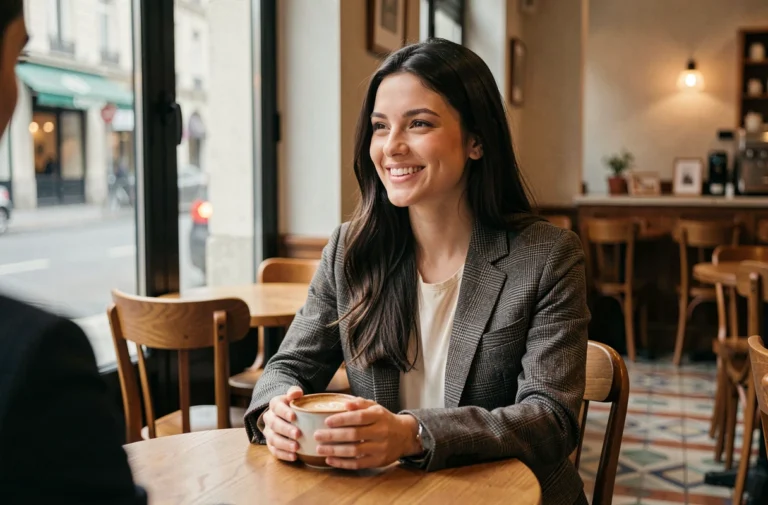 Kelly Vedovelli souriante dans un café parisien, évoquant une conversation familiale chaleureuse